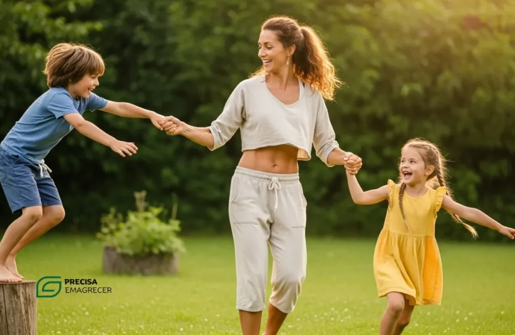 Mulher brincando com os filhos no jardim, demonstrando disposição e leveza.