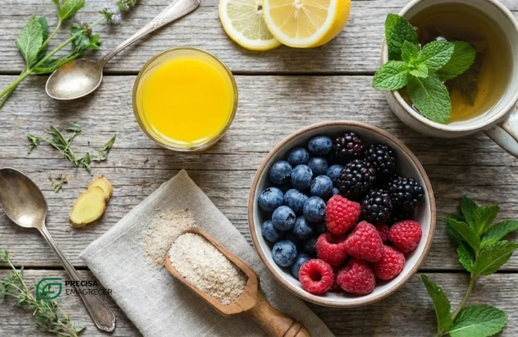 Flat lay com ingredientes anti-inflamatórios para a microbiota: shot de cúrcuma, frutas vermelhas, fibras e chá, combatendo a barriga de inflamação.