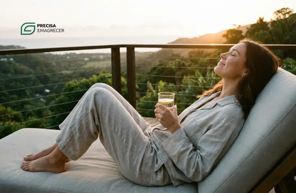 Mulher madura relaxando em paz ao pôr do sol, representando o bem-estar e a longevidade alcançados através da prevenção e hábitos saudáveis.