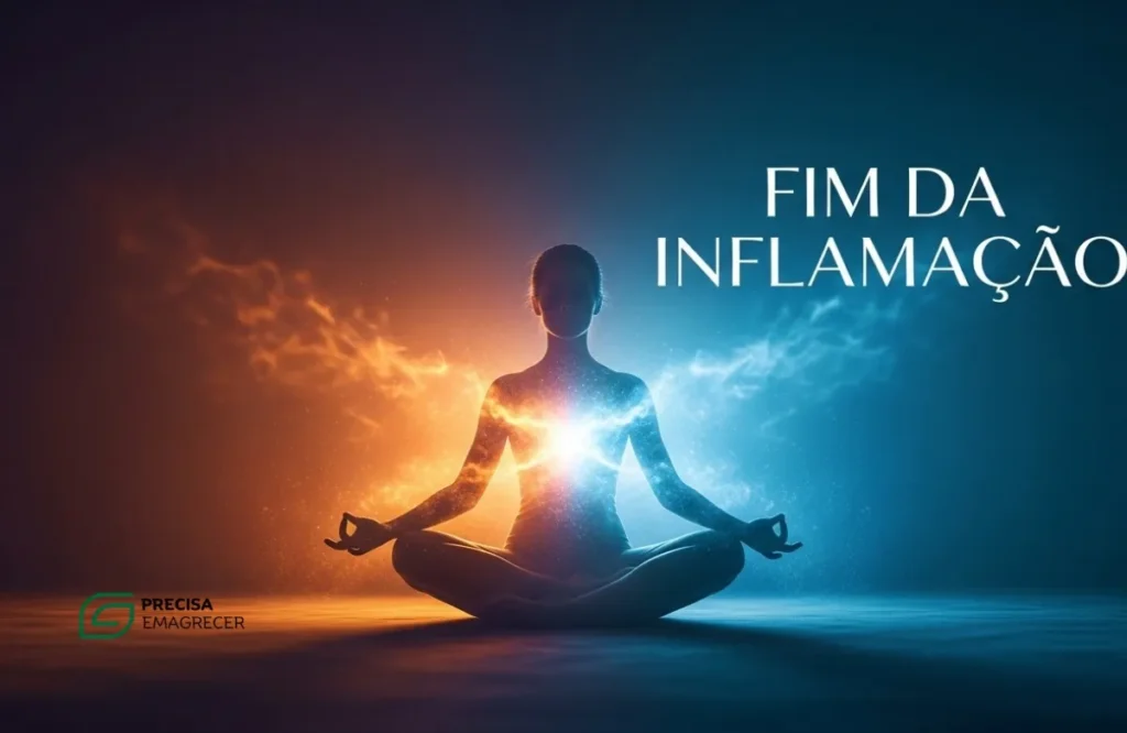 Infográfico visual mostrando uma silhueta feminina com pontos de calor (inflamação) se dissipando após o uso de Ômega 3.