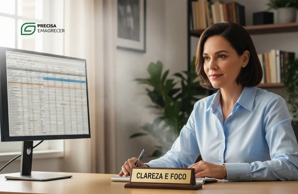 Mulher em seu home office, com expressão de clareza e foco total, trabalhando em um laptop.