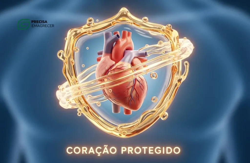 Ilustração estilizada de um coração saudável e artérias limpas com brilho dourado de Ômega 3.