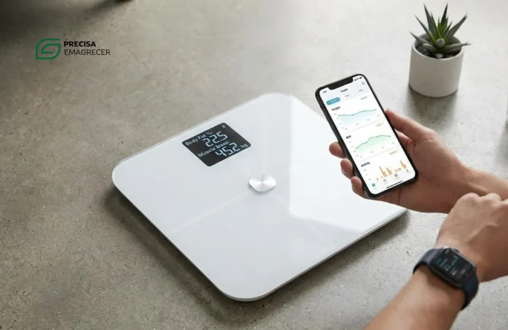 Balança de bioimpedância inteligente mostrando dados de composição corporal conectada a um aplicativo de saúde no celular.