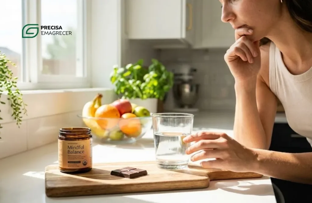 Mulher de 40 anos em sua cozinha, analisando os beneficios do magnesio para a saude.