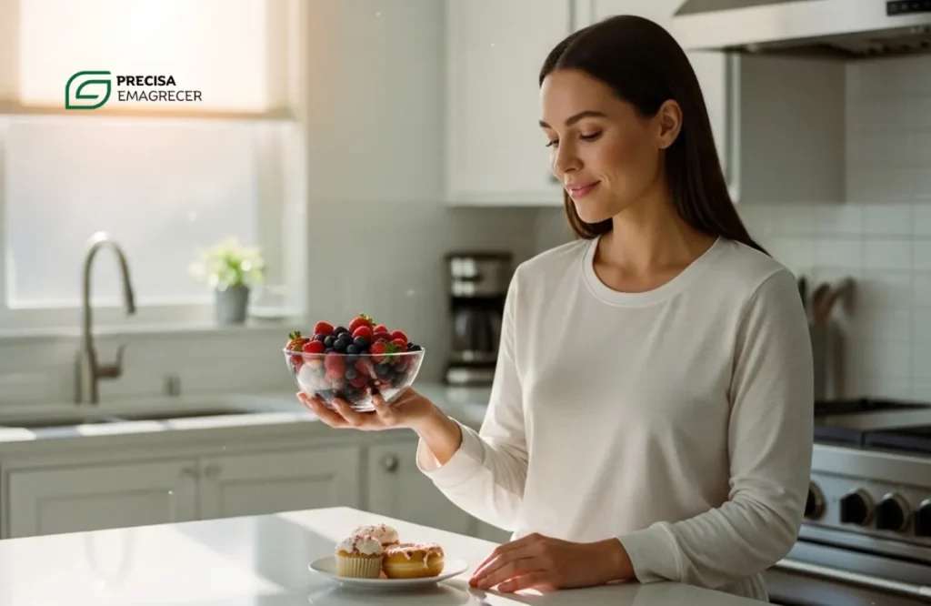 Mulher sorrindo na cozinha, escolhendo uma tigela de frutas vermelhas em vez de um doce, demonstrando controle sobre a vontade de comer.