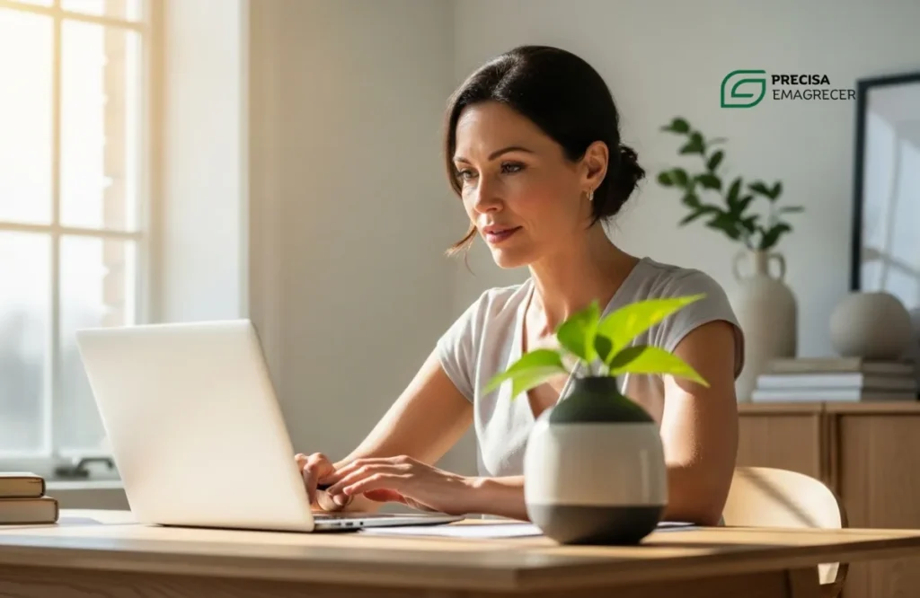 Mulher de 40 anos em um home office iluminado, trabalhando com expressão de foco intenso e clareza mental no laptop.