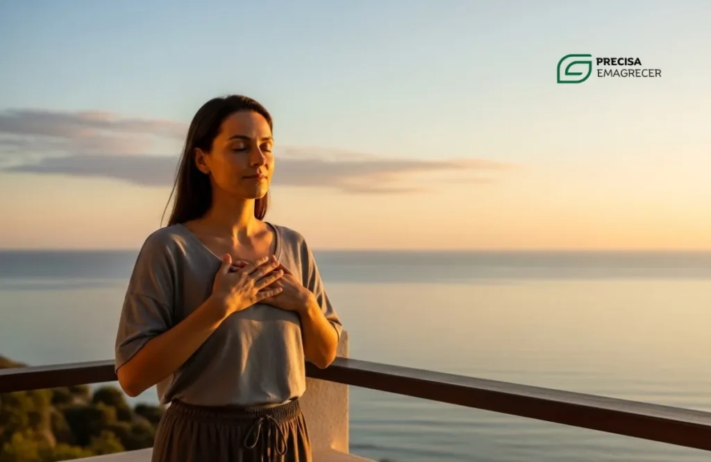 Mulher praticando exercício de respiração com as mãos sobre o coração, em um ambiente de natureza serena durante o pôr do sol.