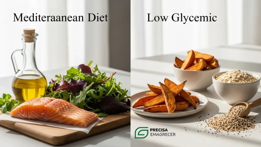 Diferentes abordagens alimentares eficazes e tipos de dieta para tratar a esteatose hepática.