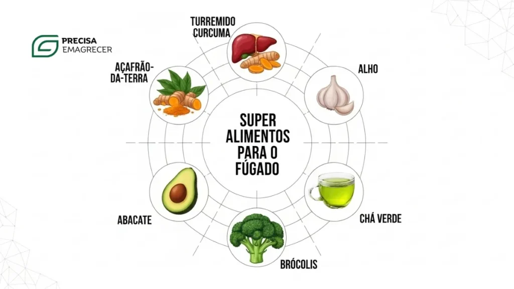 Infográfico com melhores alimentos para desinflamar o fígado, como brócolis e cúrcuma.