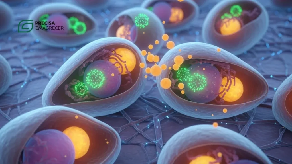 Representação 3D de células do fígado (hepatócitos) processando partículas de gordura e toxinas inflamatórias.
