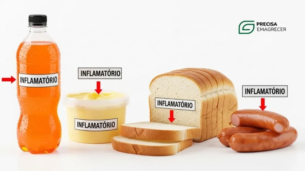 Grupos de alimentos que inflamam o fígado, incluindo açúcares, álcool e gorduras trans.