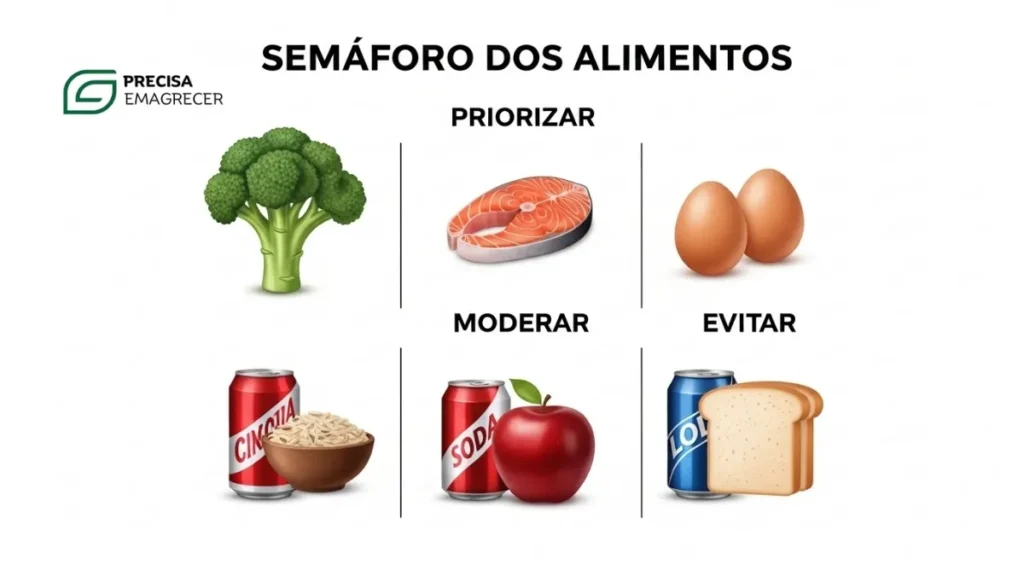 Semáforo dos alimentos na dieta para esteatose hepática: o que priorizar, moderar e evitar.