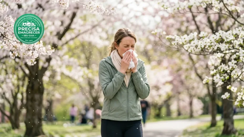 Pessoa espirrando em um lenço ao ar livre durante a primavera com presença de pólen no ambiente