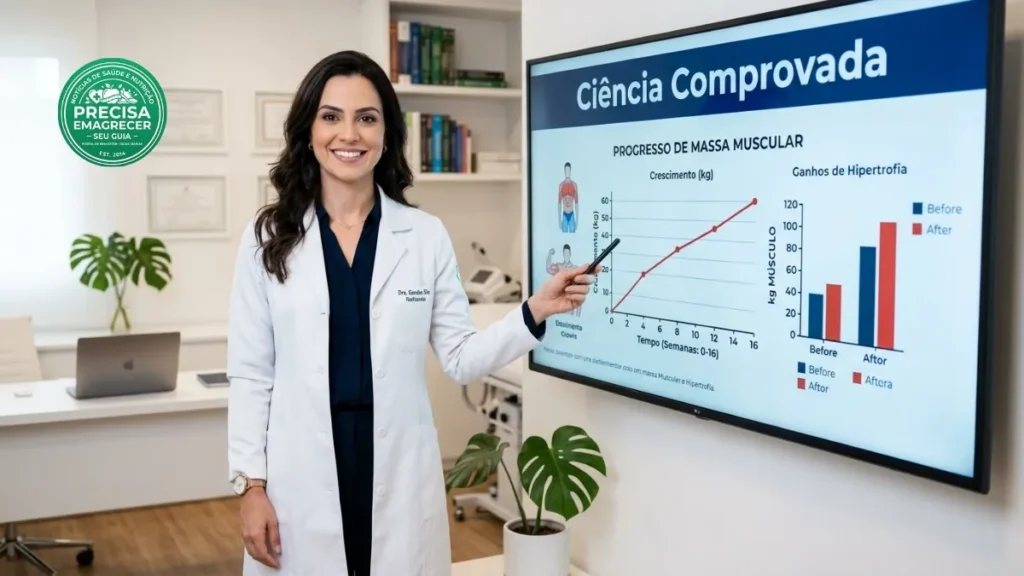 Nutricionista profissional apontando para um gráfico de resultados de suplementação.