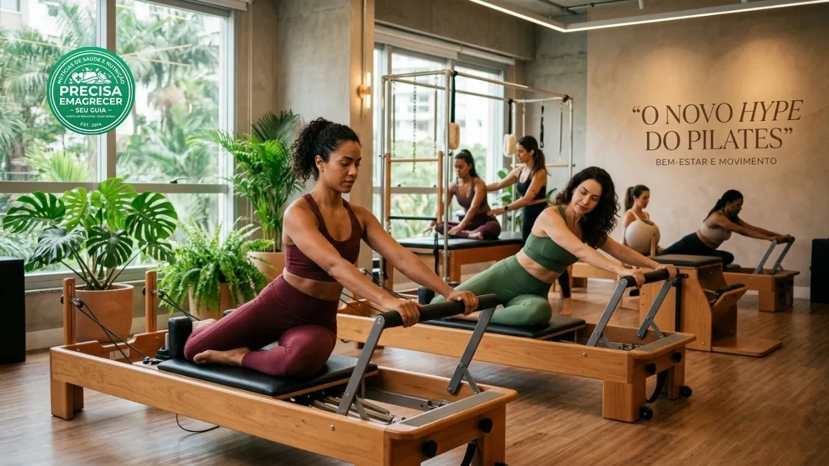 Grupo animado realizando exercícios de pilates, evidenciando o crescimento no Brasil
