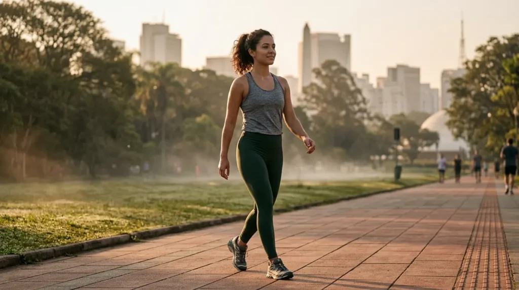 Cenário urbano em São Paulo, mulher desfrutando caminhada para pernas mais fortes