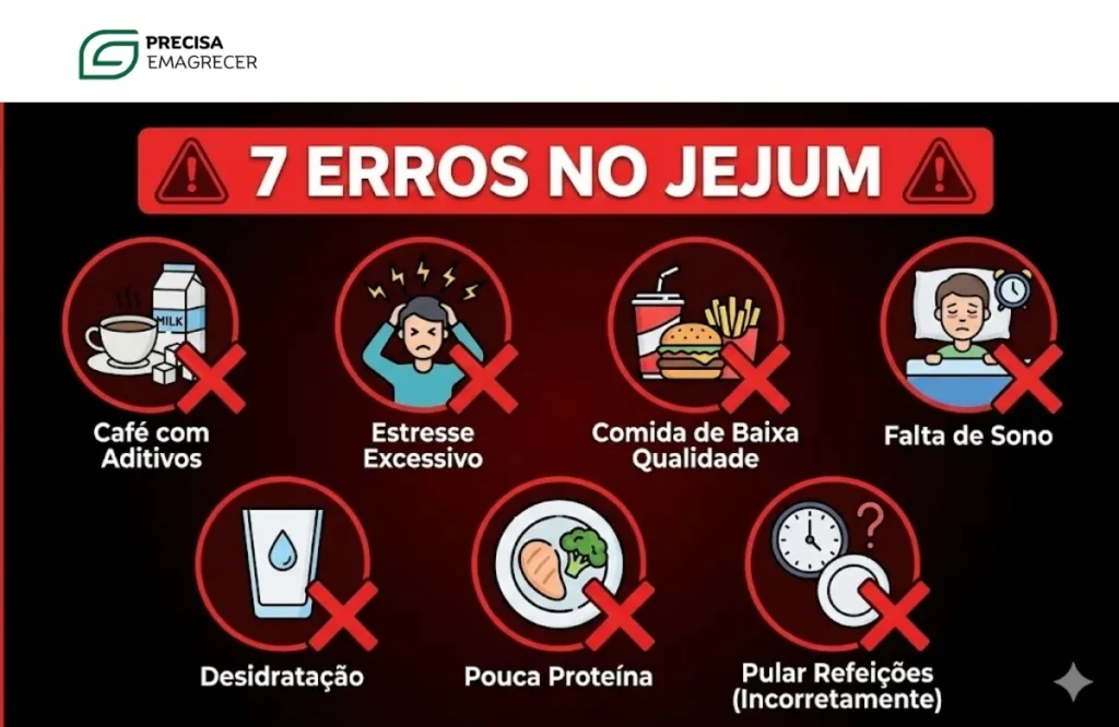 Infográfico ilustrando os 7 erros fatais ao fazer jejum intermitente, como quebrar o jejum com açúcar, falta de sono e má alimentação. Infográfico ilustrando os 7 erros fatais ao fazer jejum intermitente, como quebrar o jejum com açúcar, falta de sono e má alimentação.