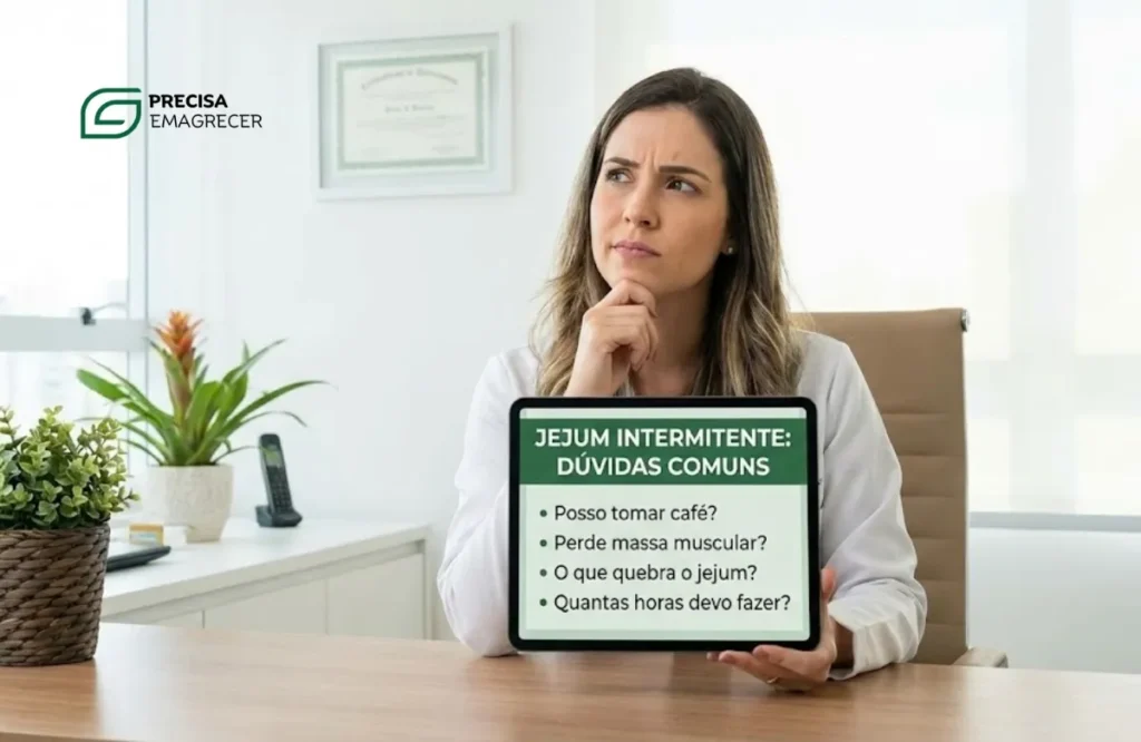 Pessoa consultando dúvidas comuns sobre como fazer jejum intermitente em um tablet, ilustrando a seção de perguntas frequentes.