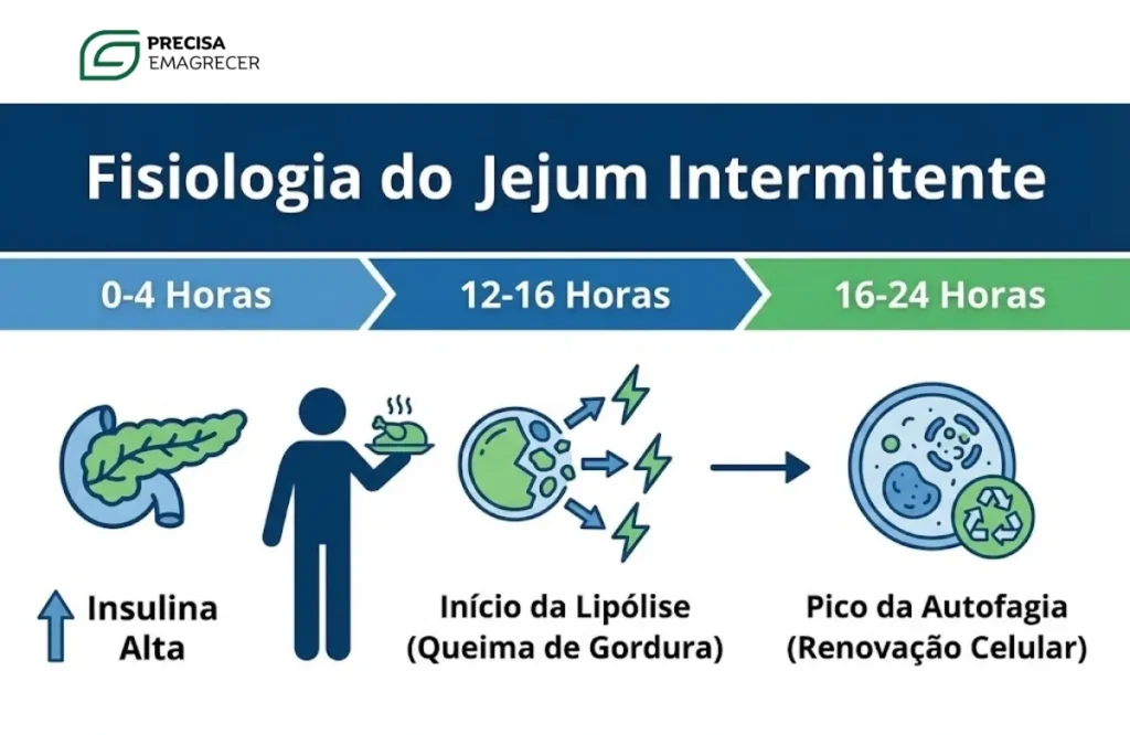 Infográfico detalhando a fisiologia do jejum intermitente, mostrando a queda da insulina, o início da queima de gordura e o pico da autofagia celular ao longo das horas. Infográfico detalhando a fisiologia do jejum intermitente, mostrando a queda da insulina, o início da queima de gordura e o pico da autofagia celular ao longo das horas.