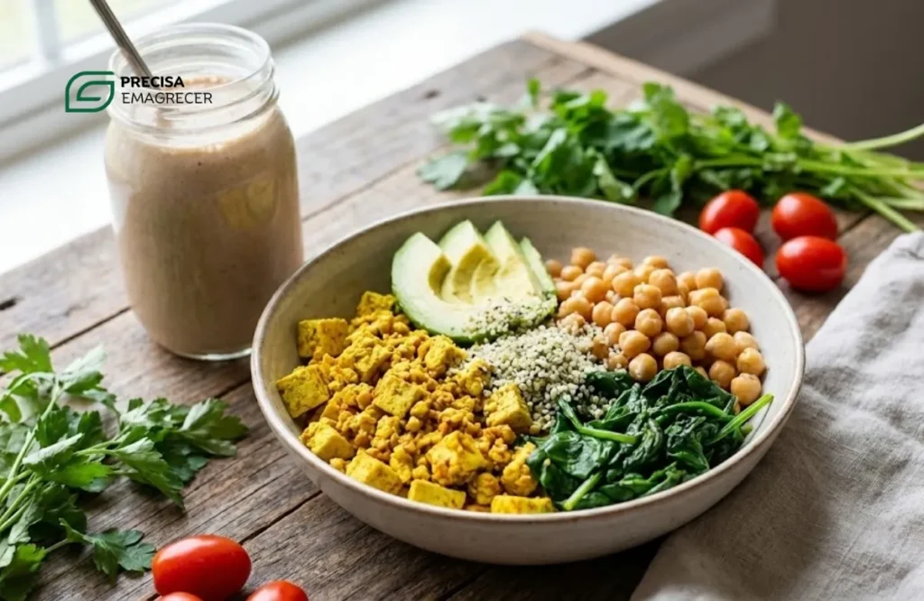 Foto de uma refeição vegana rica em proteínas com tofu, grão-de-bico e sementes, ideal para quem opta por fazer jejum intermitente vegano. Foto de uma refeição vegana rica em proteínas com tofu, grão-de-bico e sementes, ideal para quem opta por fazer jejum intermitente vegano.