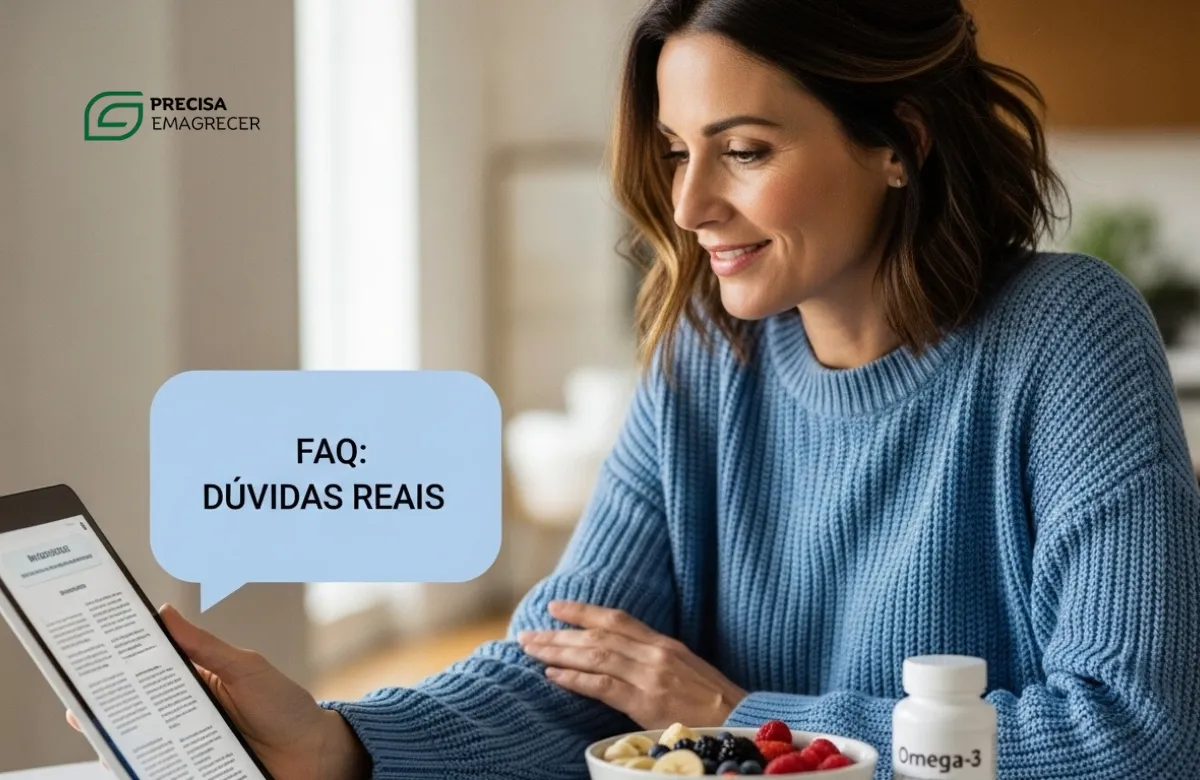 Mulher sorridente lendo informações em um tablet enquanto toma seu café da manhã.