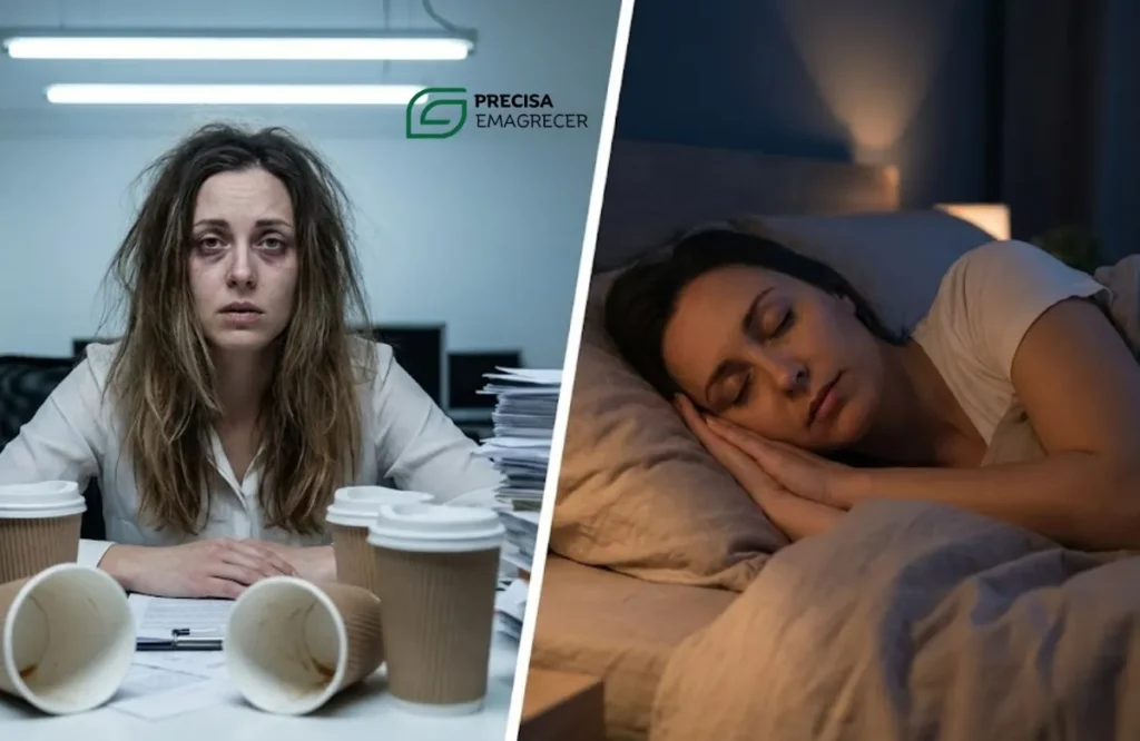 Comparação entre estresse/café excessivo e sono de qualidade, ilustrando erros no emagrecimento feminino 35+ Comparação entre estresse/café excessivo e sono de qualidade, ilustrando erros no emagrecimento feminino 35+