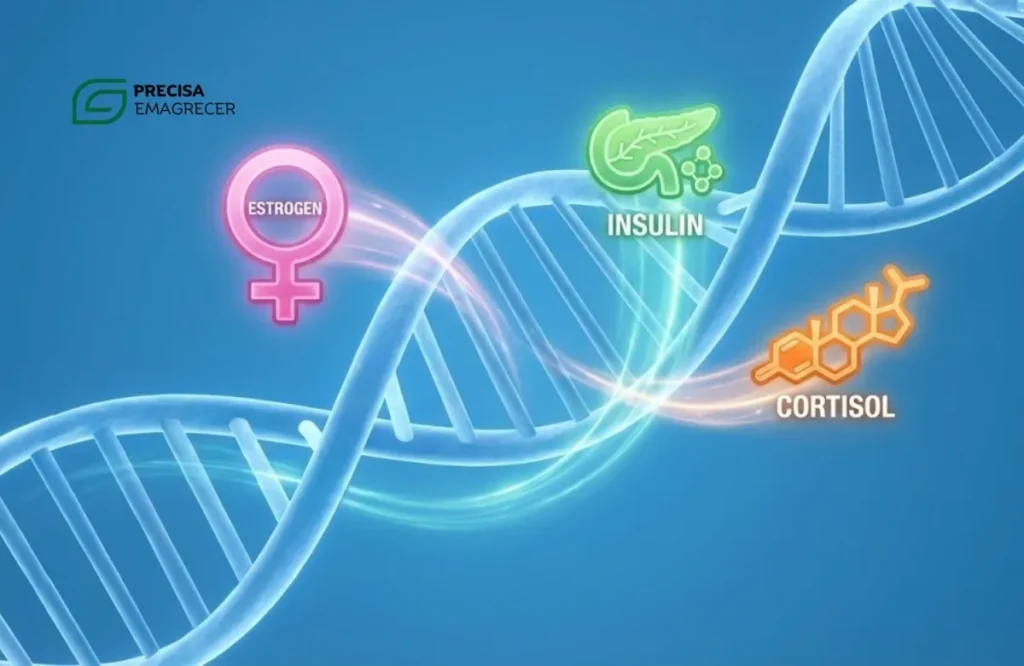 Ilustração científica de hormônios como insulina e cortisol que impactam o emagrecimento feminino 35+ Ilustração científica de hormônios como insulina e cortisol que impactam o emagrecimento feminino 35+