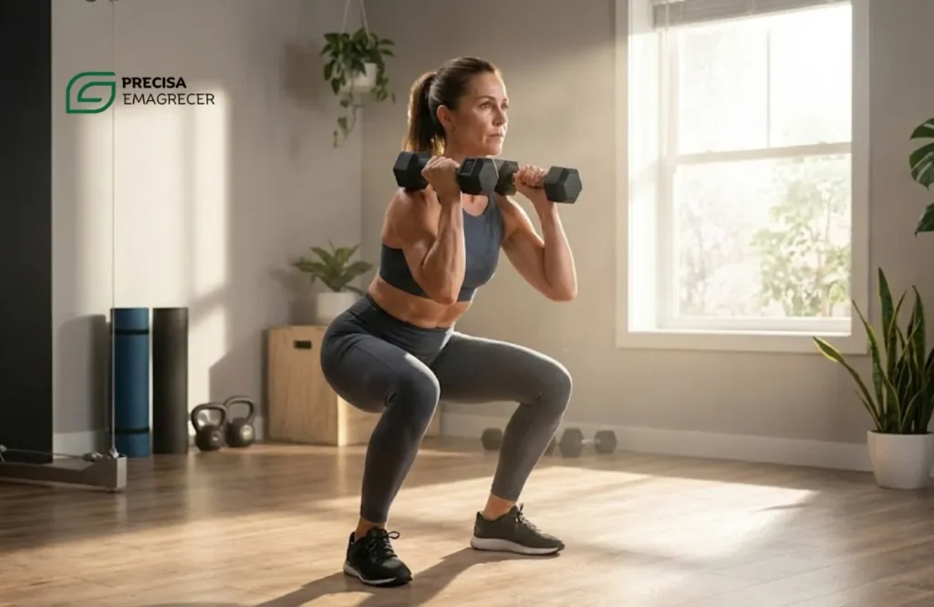 Mulher de 40 anos realizando exercício de força com halteres, combatendo a perda de massa muscular e ativando o metabolismo. Mulher de 40 anos realizando exercício de força com halteres, combatendo a perda de massa muscular e ativando o metabolismo.