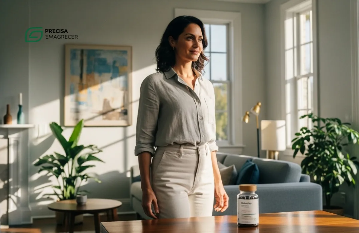 Mulher de 40 anos, radiante e com expressão de alívio, segurando uma xícara de chá e olhando pela janela em uma manhã ensolarada.