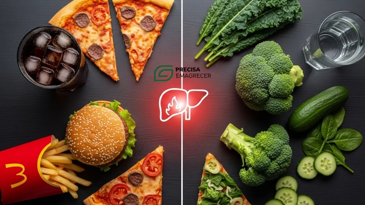 Alimentos ultraprocessados e açucarados que causam inflamação no fígado e acúmulo de gordura.