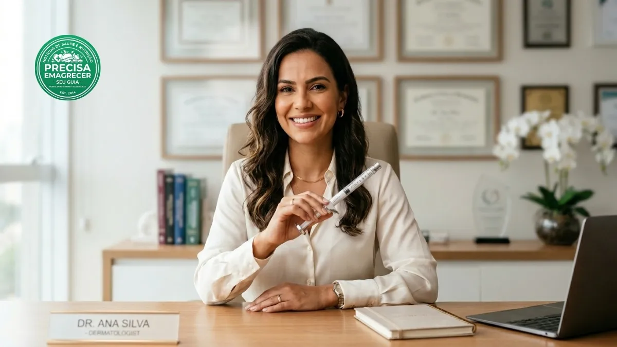 Mulher bonita e elegante em um consultório médico moderno, segurando uma caneta de aplicação com olhar reflexivo e confiante.