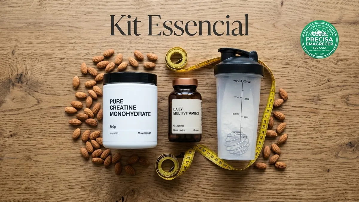 Arranjo estético de um pote de creatina, whey protein e vitaminas.