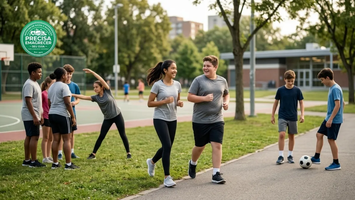 Adolescentes com diferentes tipos de corpo praticando atividade física em grupo